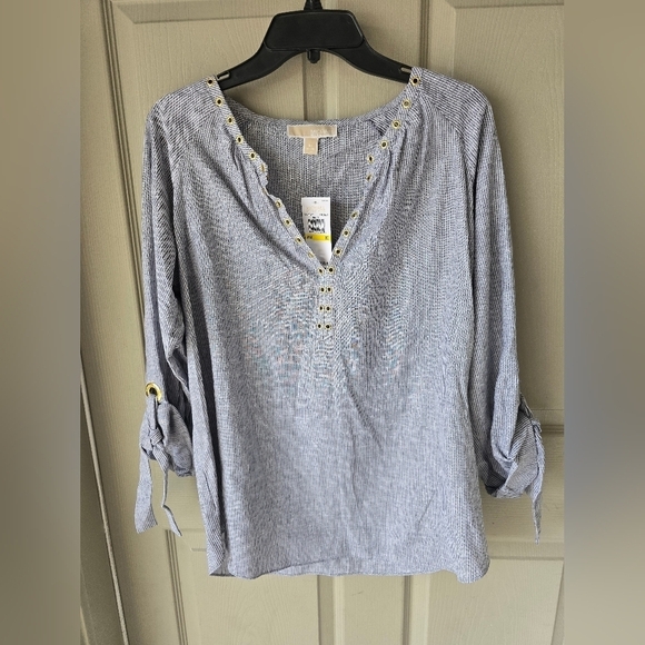 $110 Michael Kors Linen Blend Blouse Sz M White Blue Women Striped 3/4 Sleeves - Picture 3 of 13